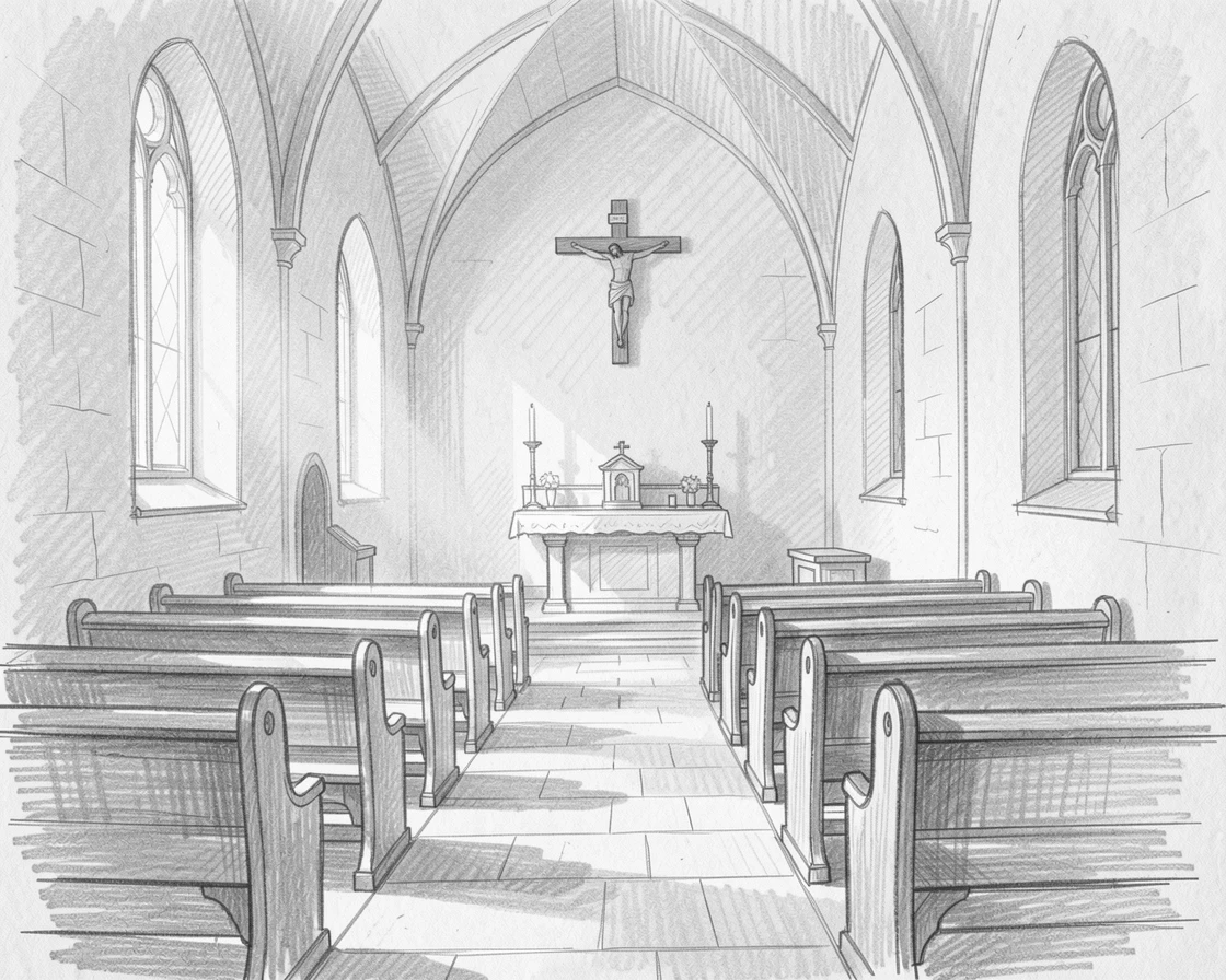 A peaceful moment of a quiet chapel filled with soft morning light in complete stillness and silence, offering a feeling of quiet gratitude.