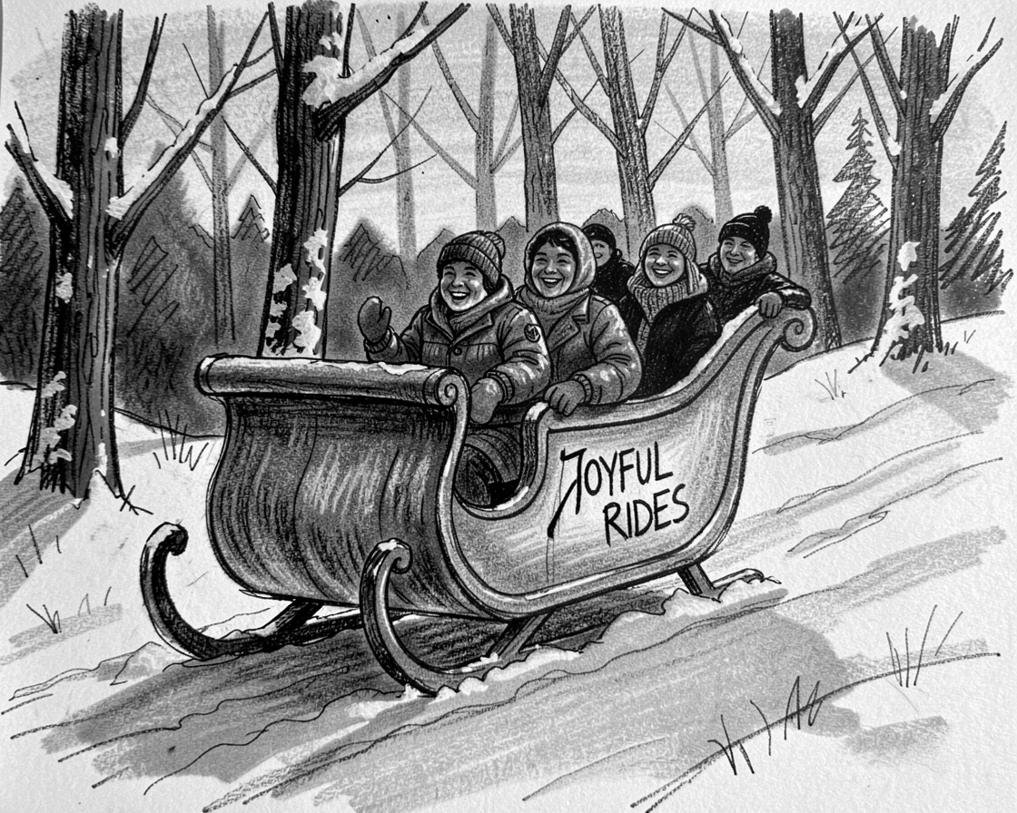 A sleigh gliding through a snowy forest at twilight, with everyone smiling and full of warmth.