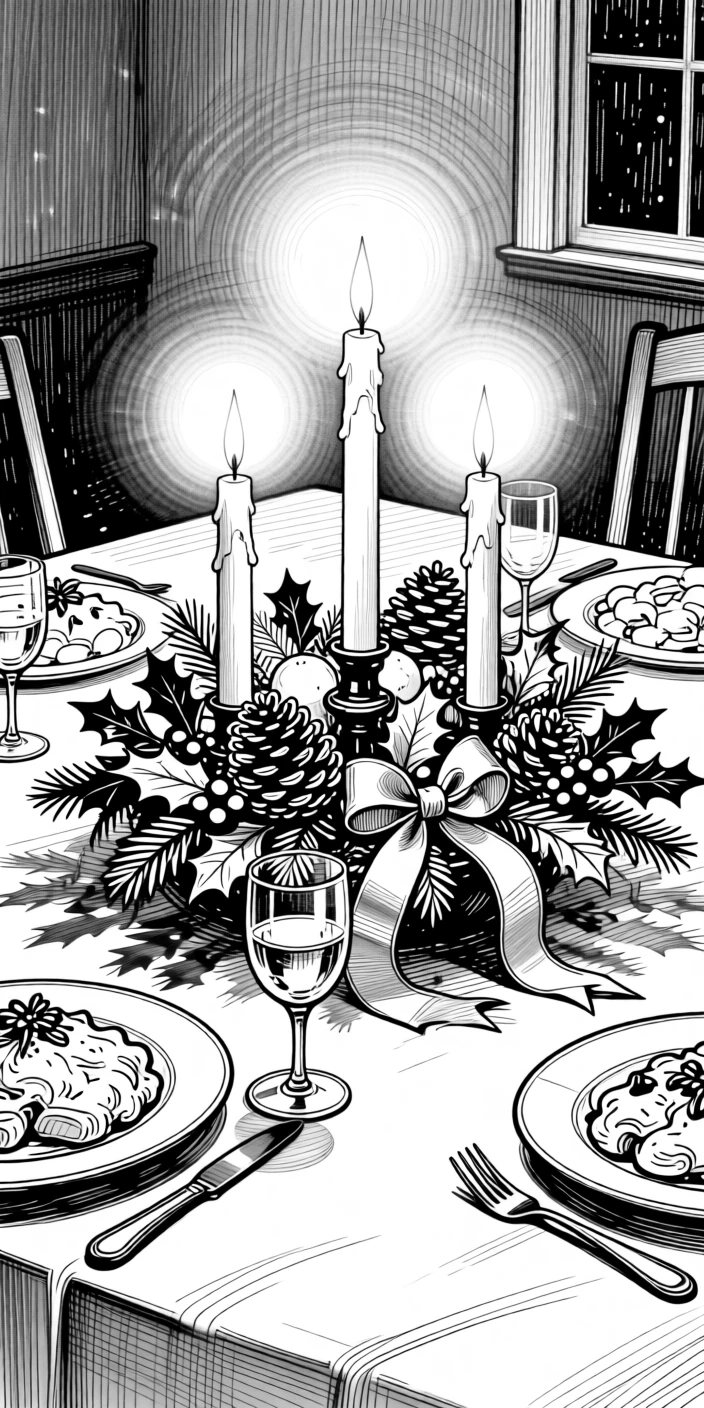 A beautifully arranged holiday centerpiece glowing on a family dinner table.