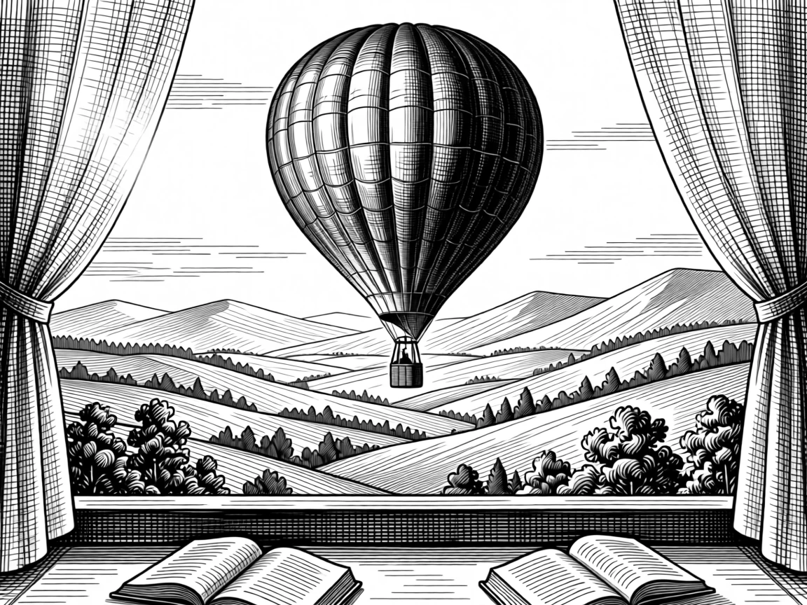 A hot air balloon drifting over a peaceful valley as morning light filters through gauzy curtains, with a few scattered books left open mid-read, evoking a deeply peaceful sense of calm.