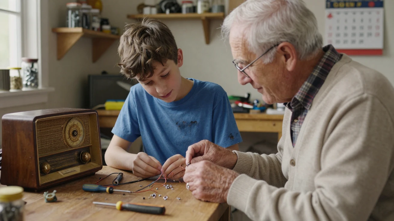 A boy and his grandfather repair an old radio together on a workbench.
