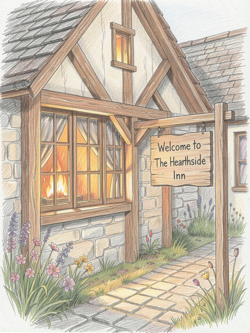 A cozy countryside inn with a glowing fireplace and welcome sign, with delicate details that reward a closer look, capturing a quiet story that lingers with the viewer.