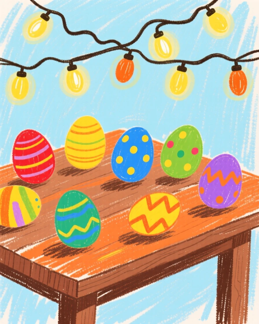 A table of Easter eggs lit by strings of warm twinkling lights.