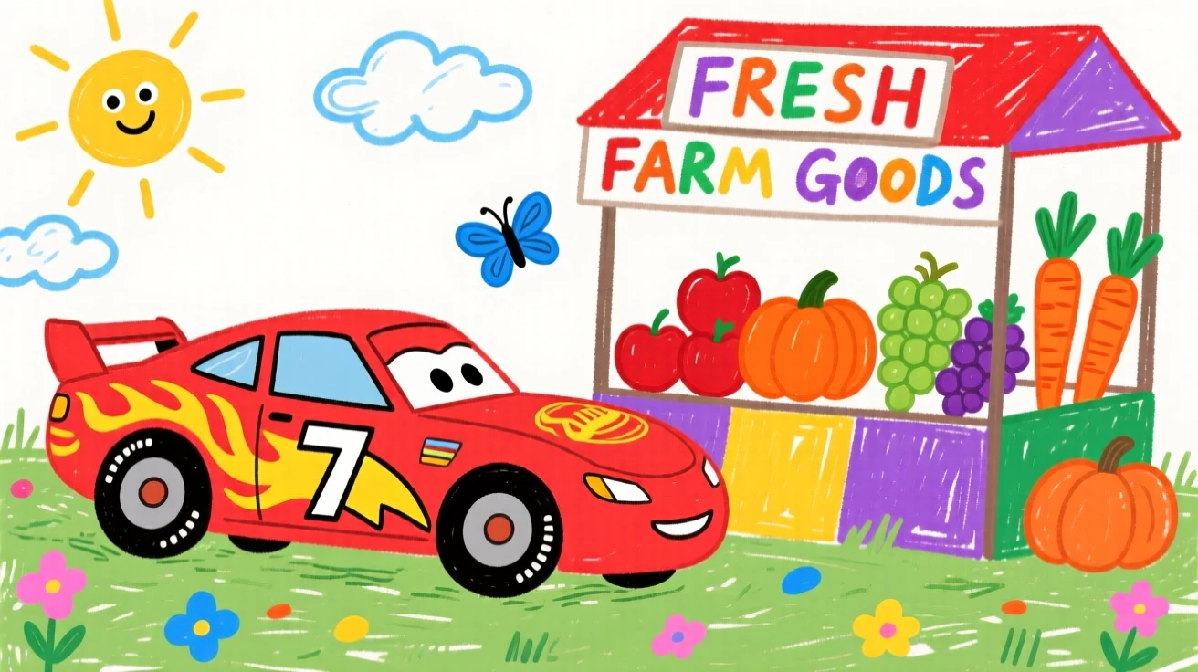 A sleek race car parked beside a colorful farmers market.
