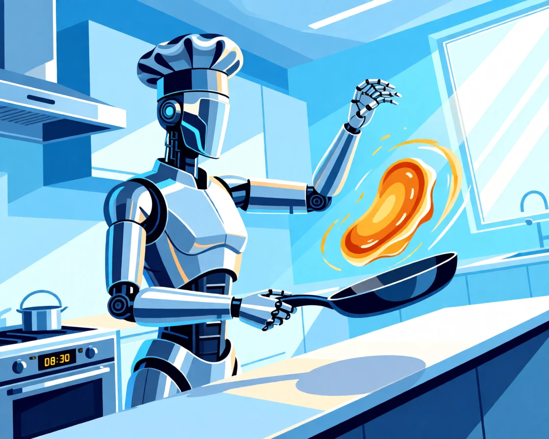 A robot chef flipping a pancake in a bright kitchen, set against a backdrop of soft ambient blue light, composed with dynamic diagonal lines suggesting motion, with sleek metallic textures catching soft light.