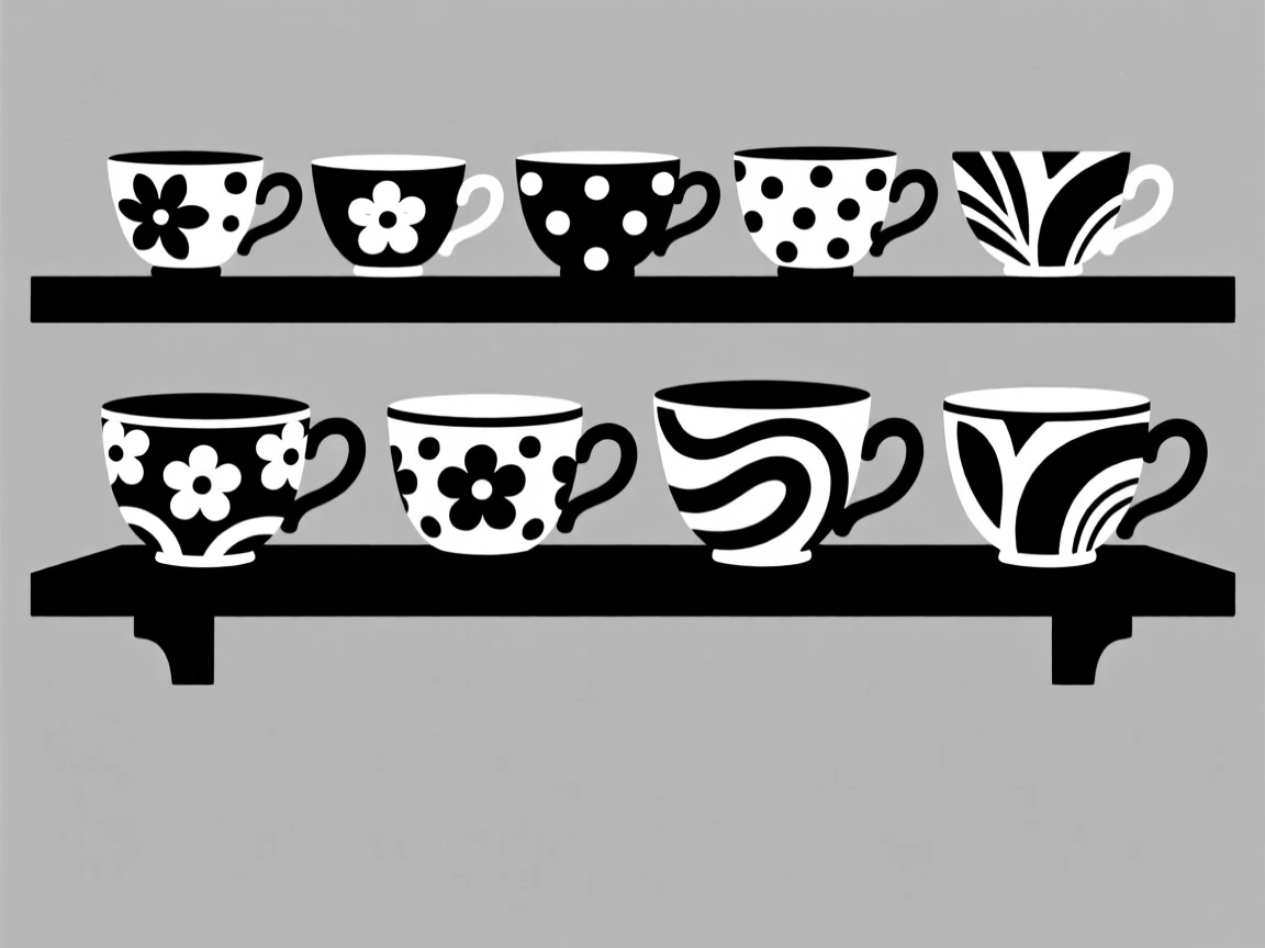 A collection of hand-painted teacups on a shelf.