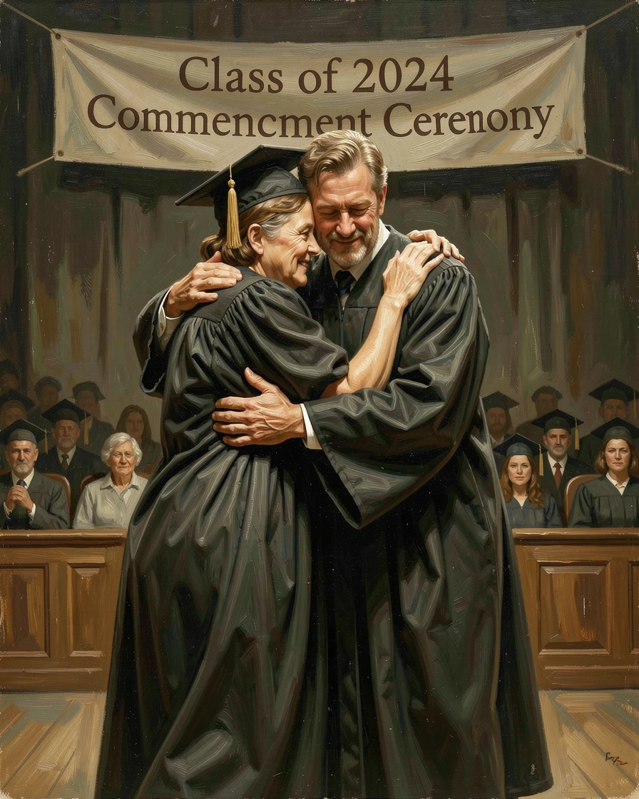 A graduate hugging their parents tightly after walking across the stage, with hands clasped tightly, conveying connection and support, capturing a powerful moment of hope, resilience, and human triumph