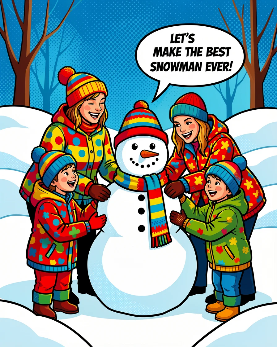 A family building a snowman together in a snowy yard