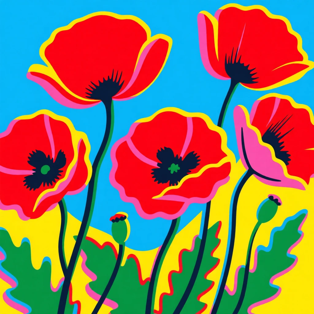 Bright red poppies swaying in a breeze