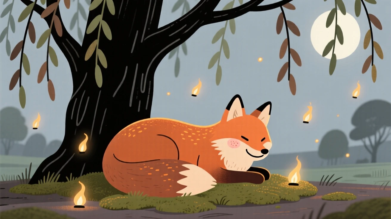 A fox with glowing markings rests beneath a ancient willow in an moonlit clearing, surrounded by tiny sparkling embers that drifts gently through the air.