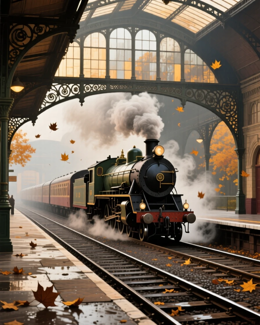 A well-framed scene of a steam train pulling into a station beneath a soaring iron archway, in the 1960s, amid swirling autumn wind.