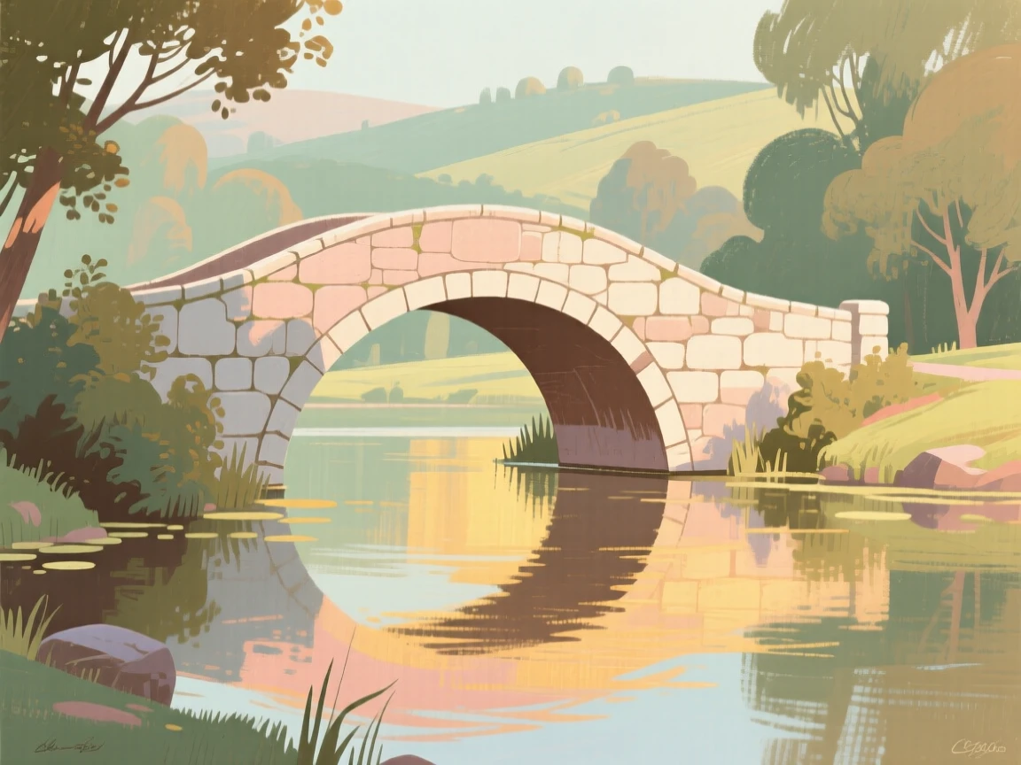 A stone bridge arching gracefully over a quiet millpond