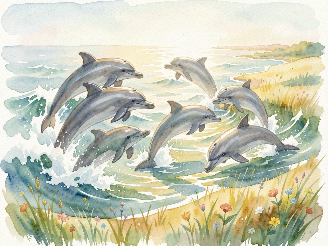 A pod of dolphins leaping over waves in a sunlit meadow looking curiously at the viewer.