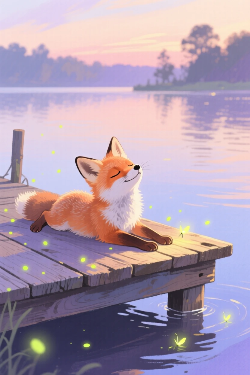 A baby fox stretches in a patch of sunlight in a quiet lakeside dock, as fireflies begin to glow at dusk