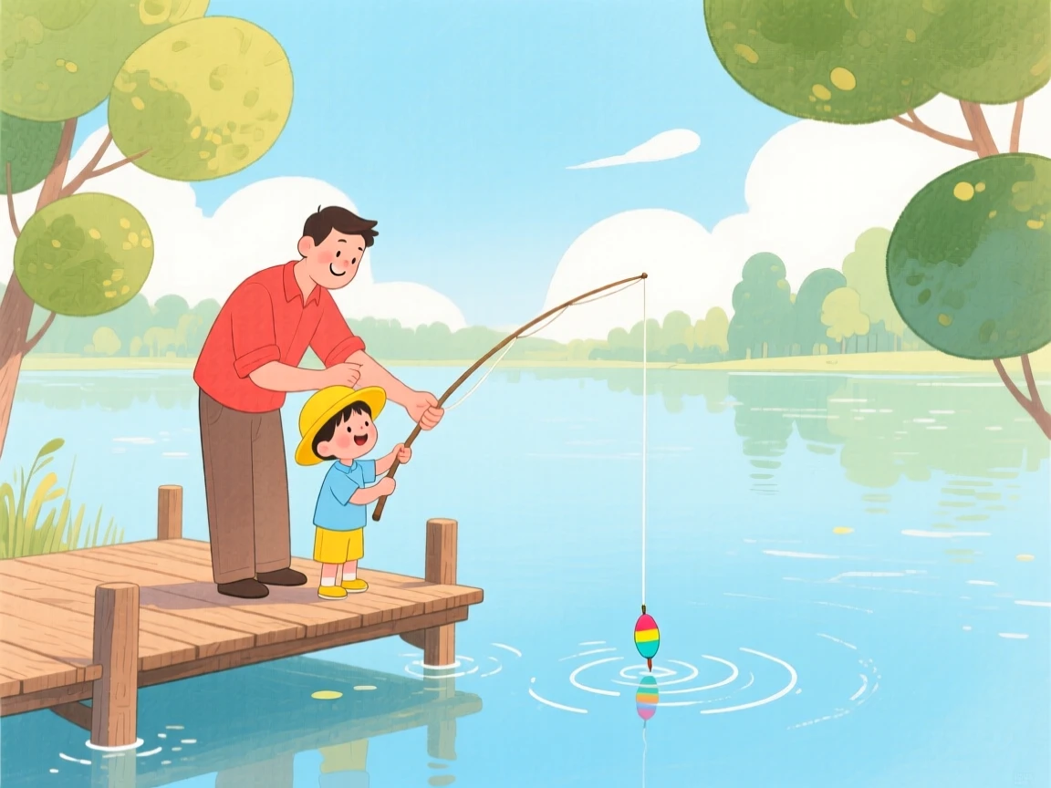 A heartwarming moment showing a father teaching his child to fish at a quiet lake.