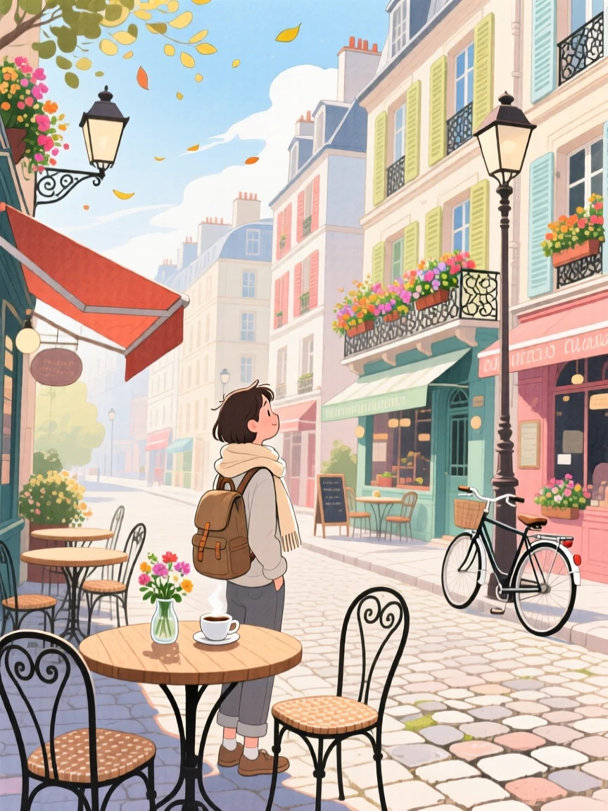 A traveler pauses to soak in the view amid a charming café terrace on a cobblestone street in Paris, radiating cultural warmth and beauty.