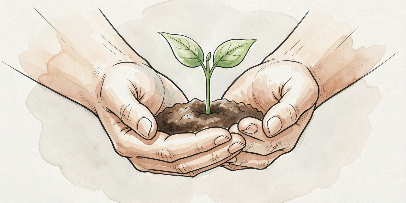 A pair of hands cupped gently around a small sprouting seedling, a quiet sense of hope and possibility filling the scene.