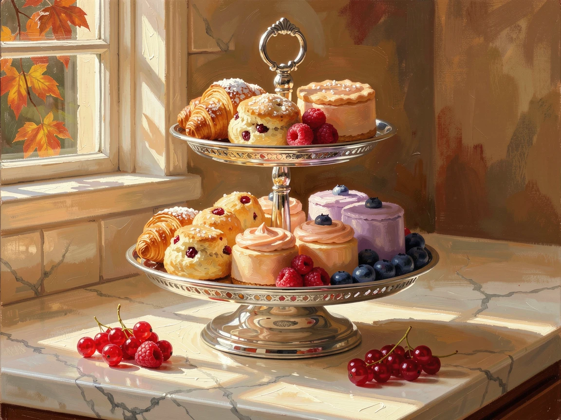 On a sunlit kitchen counter, a tiered stand of delicate pastries and cakes, sunlight catching the glisten of fresh berries, on a crisp autumn day.