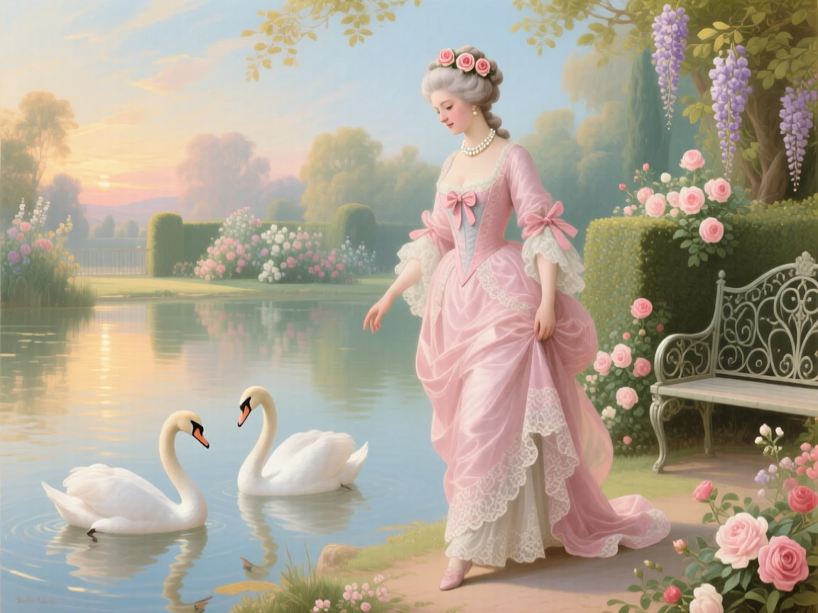 A noblewoman walking beside a lake with two graceful swans  