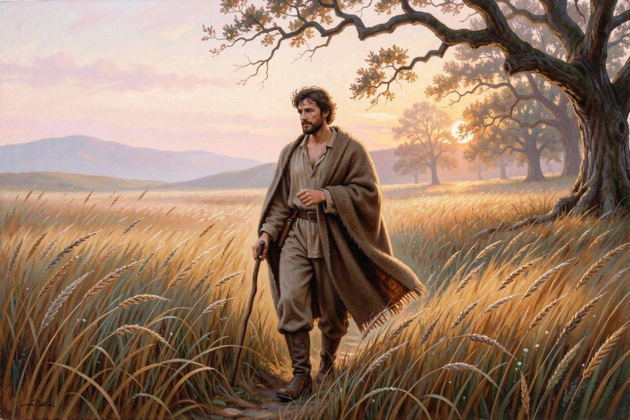 A wandering shepherd descends into an endless field of tall grass in the hush of early morning.