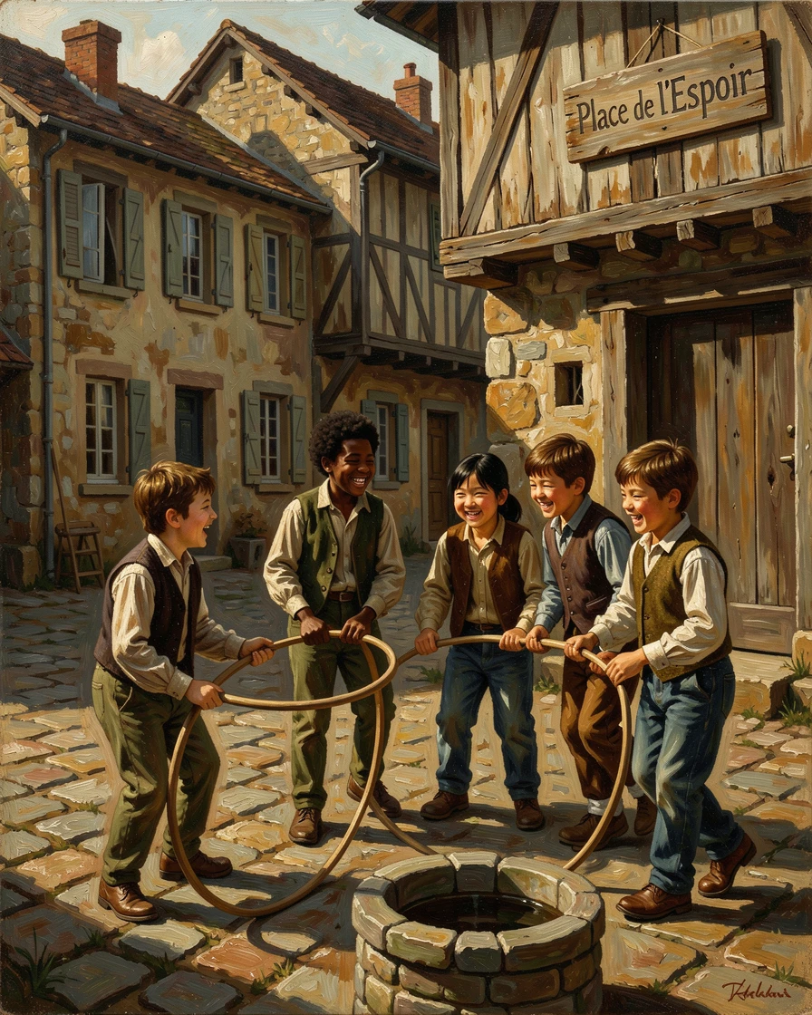 A group of children from different backgrounds playing joyfully together, as the setting itself echoes the emotional weight of the scene, radiating hope, gratitude, and heartfelt connection