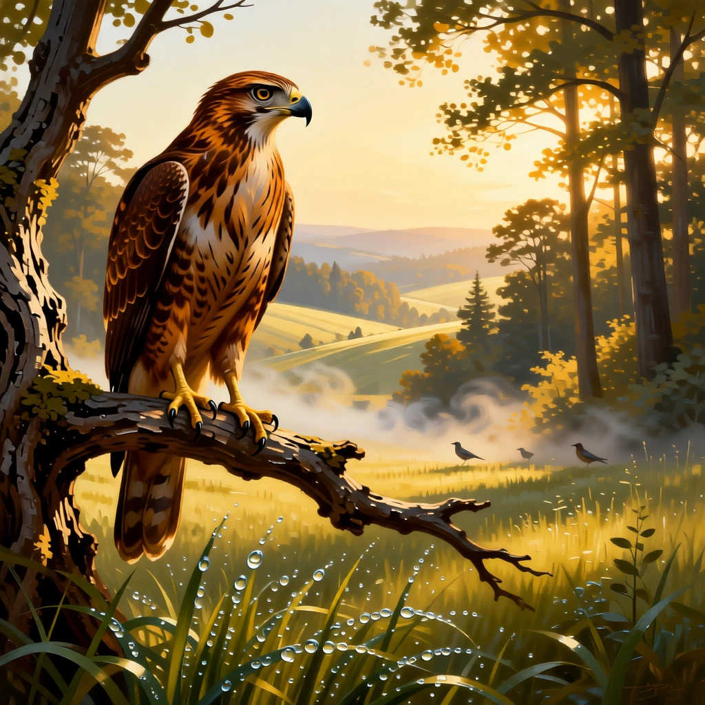A hawk perched regally on a gnarled branch overlooking the valley as instinct and elegance move in perfect harmony, set within a sunlit forest clearing alive with birdsong, with dew-covered grass, drifting mist, and soft golden light; the animal is placed off-center to leave room for the vast, breathing landscape, filled with gentle warmth and admiration for living creatures.