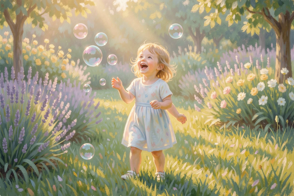 A child chasing soap bubbles across a sunlit garden lawn, laughter frozen in a joyful expression, inspiring awe at the beauty of the scene.