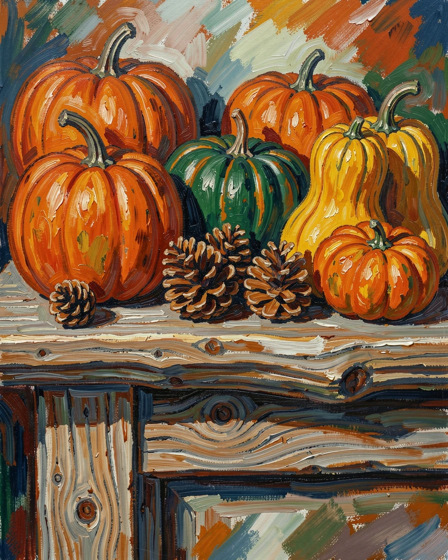 A still life of autumn gourds and pinecones arranged on a rustic wooden mantel.