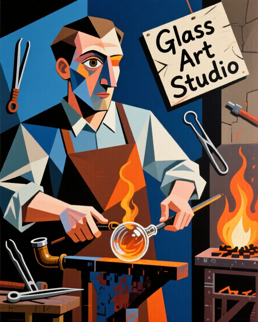 A medium shot portrait of a glassblower surrounded by the tools of the trade, focused and content in the craft.