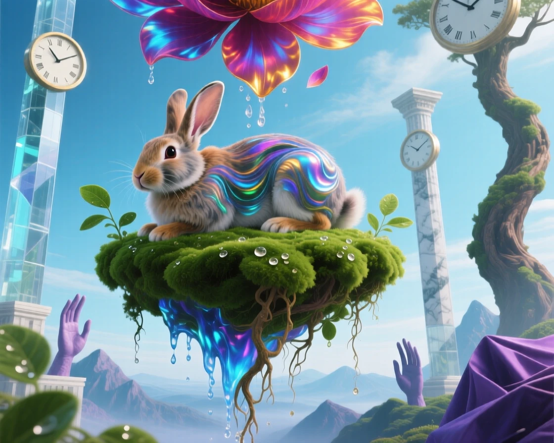 A rabbit whose fur ripples like water in the wind rests quietly atop a floating patch of green moss, as flower petals fall gently from a clear sky.