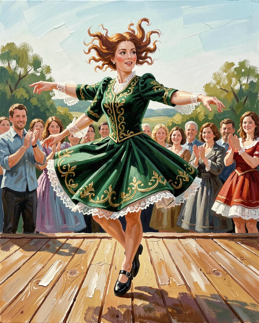 A traditional Irish step dancer performs with rapid precise footwork on an outdoor stage, curls bouncing in perfect rhythm, the surrounding crowd adding energy and movement to the edges of the composition.