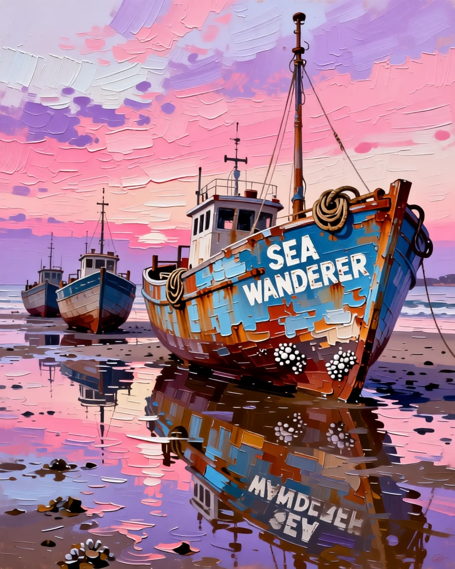 Weathered fishing boats resting on wet sand at low tide beneath a pink dawn sky