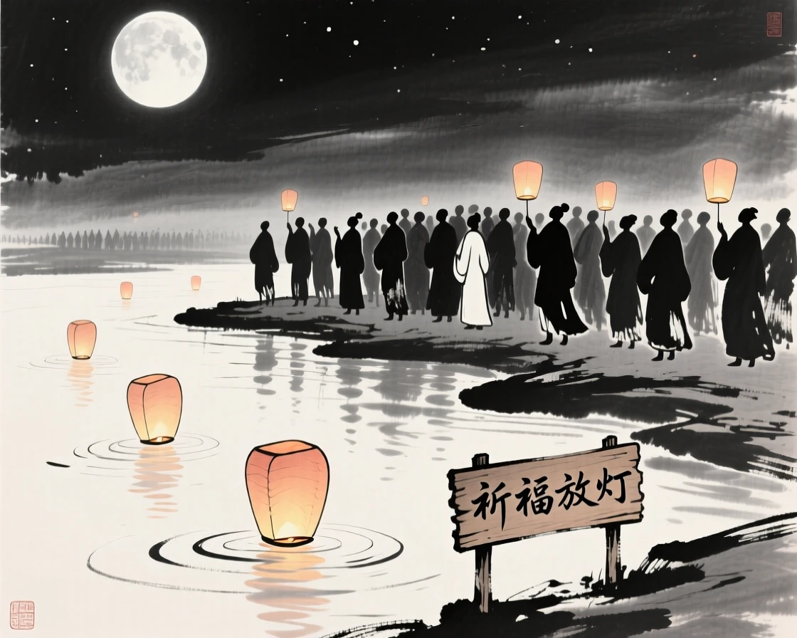A crowd gathers along a riverbank to release floating lanterns at night, as the moon casts a silver glow over the gathering.