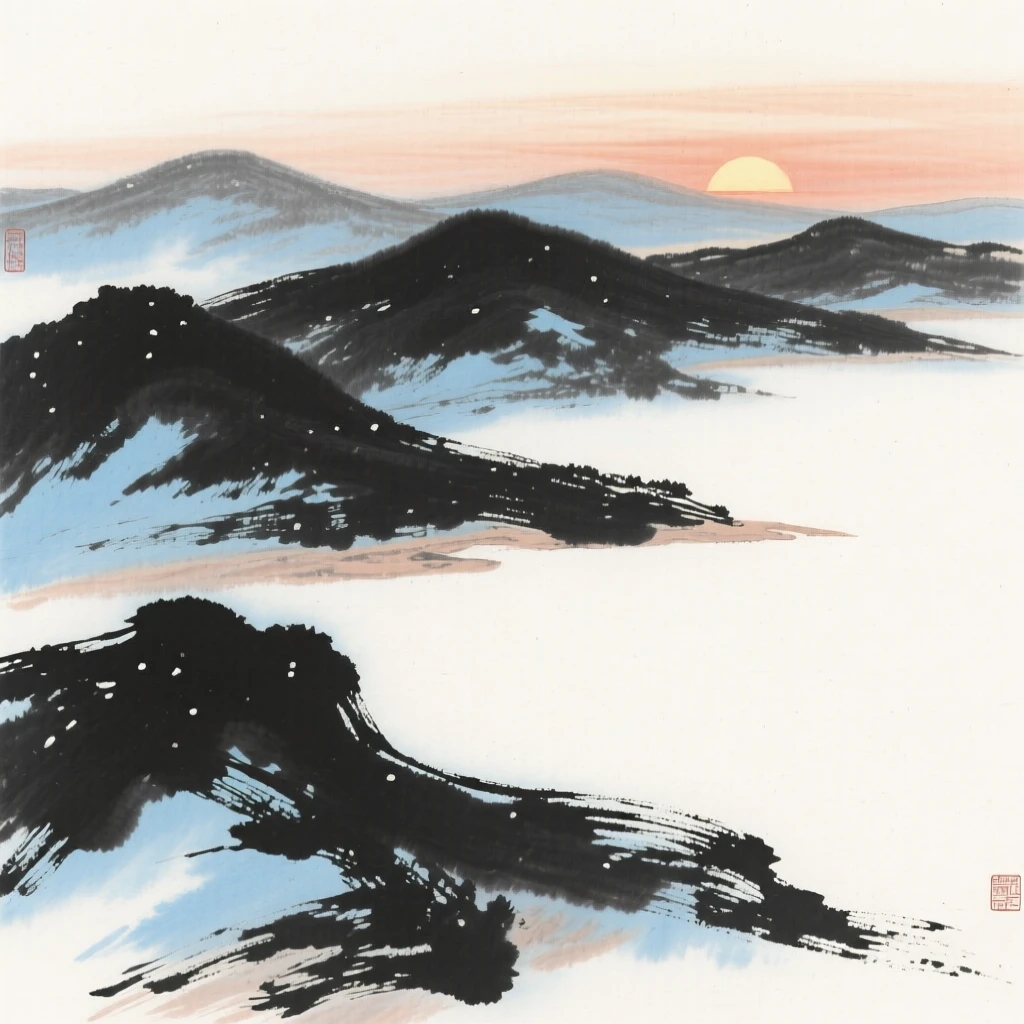 The last light of day fading behind a row of distant hills, as winter frost settles, imbued with timeless calm.