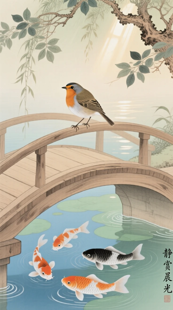 A robin resting on a curved bridge railing over a koi pond, soft morning light filtering through the branches