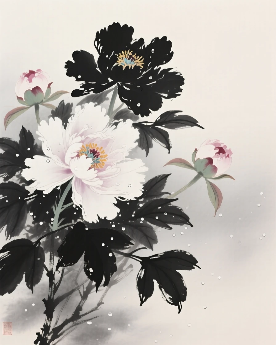 A cluster of peonies in full bloom beneath a light dusting of morning dew, set against a soft gradient of misty background, capturing a delicate, transient moment in bloom.