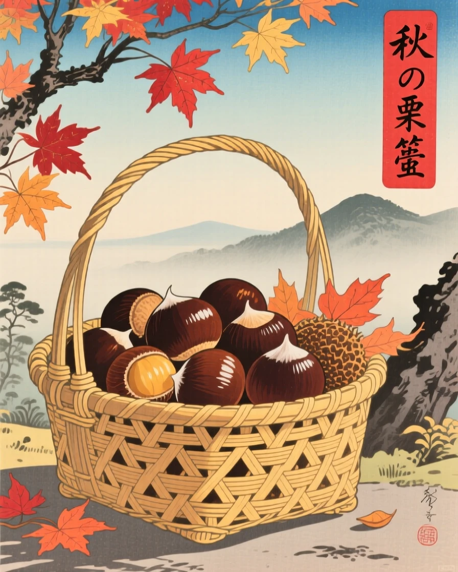 A woven basket of autumn chestnuts glowing warm in afternoon sunlight.