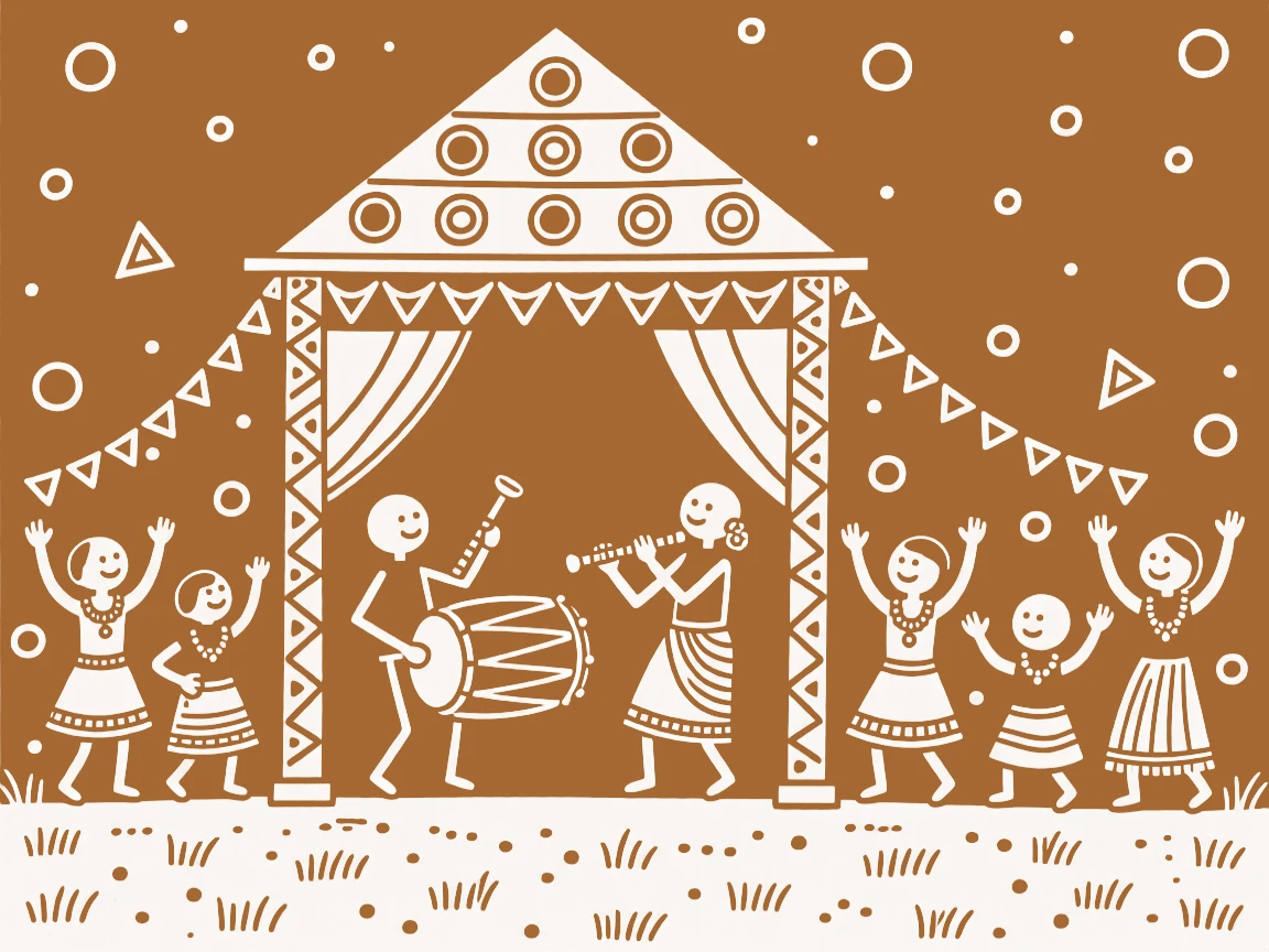 A composition centered on a wedding canopy filled with musicians and celebrating families.