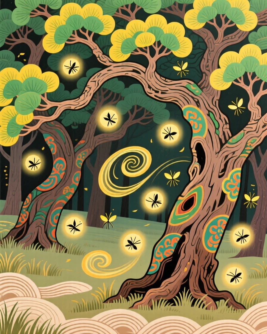 A quiet grove where fireflies swirl in slow spirals around ancient trees.