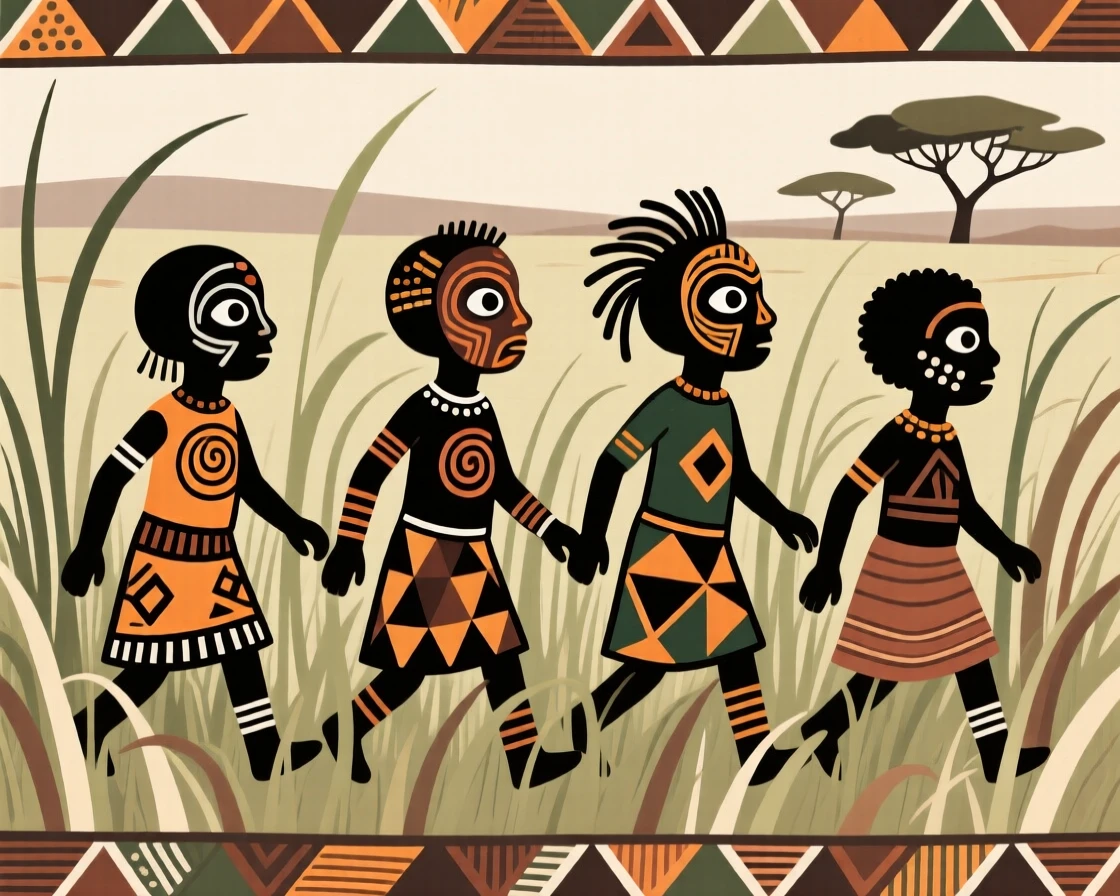 A group of curious children following a trail through the tall grass.