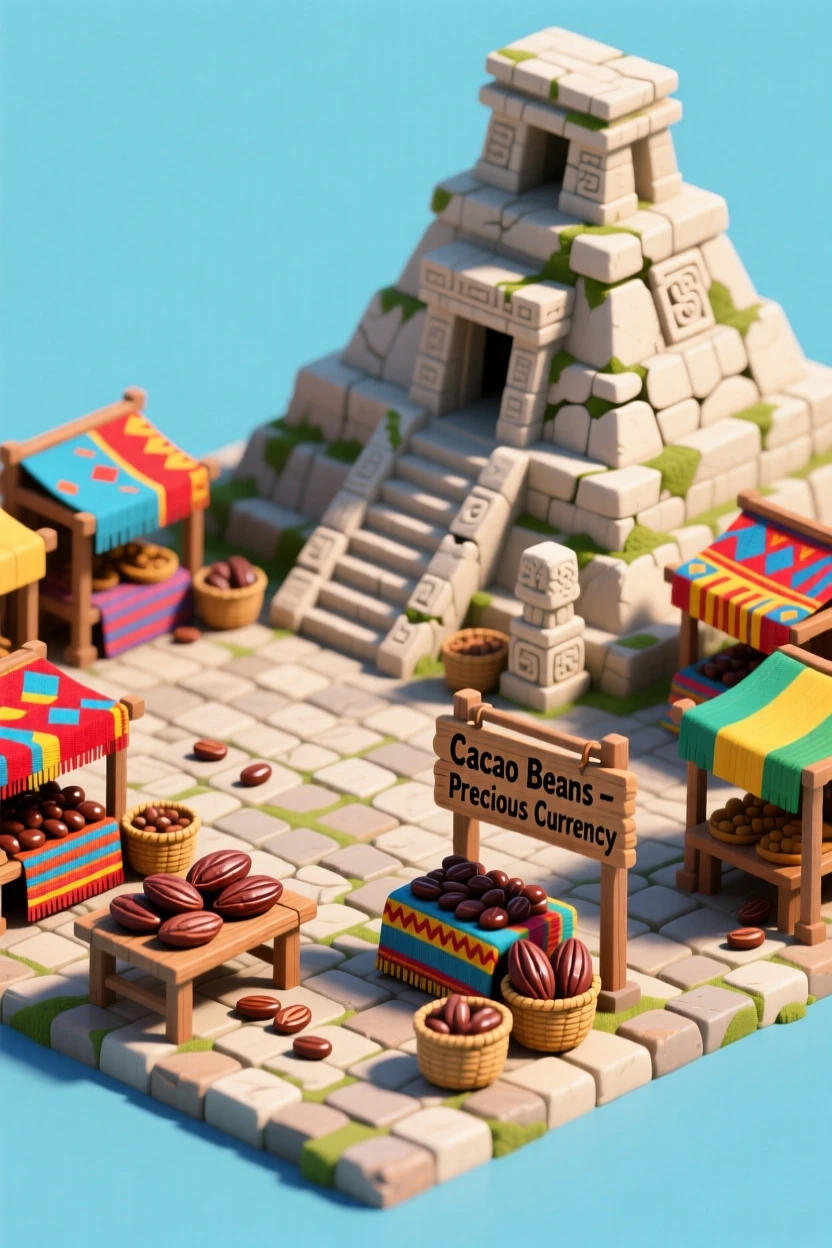 An ancient Aztec market plaza with colorful textiles, cacao beans traded as currency, and a temple rising in the background.