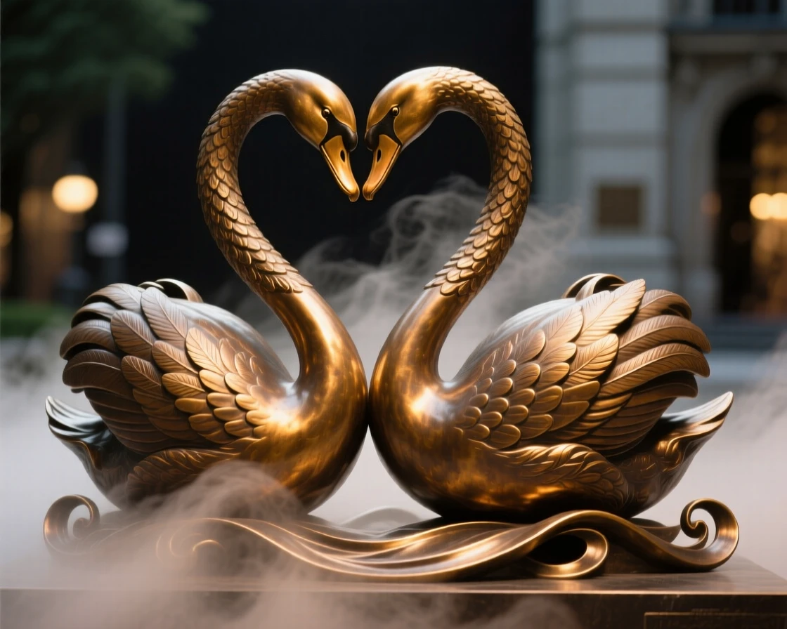 A pair of majestic swans forming a heart with their necks, surrounded by atmospheric mist and light, evoking wonder and majesty