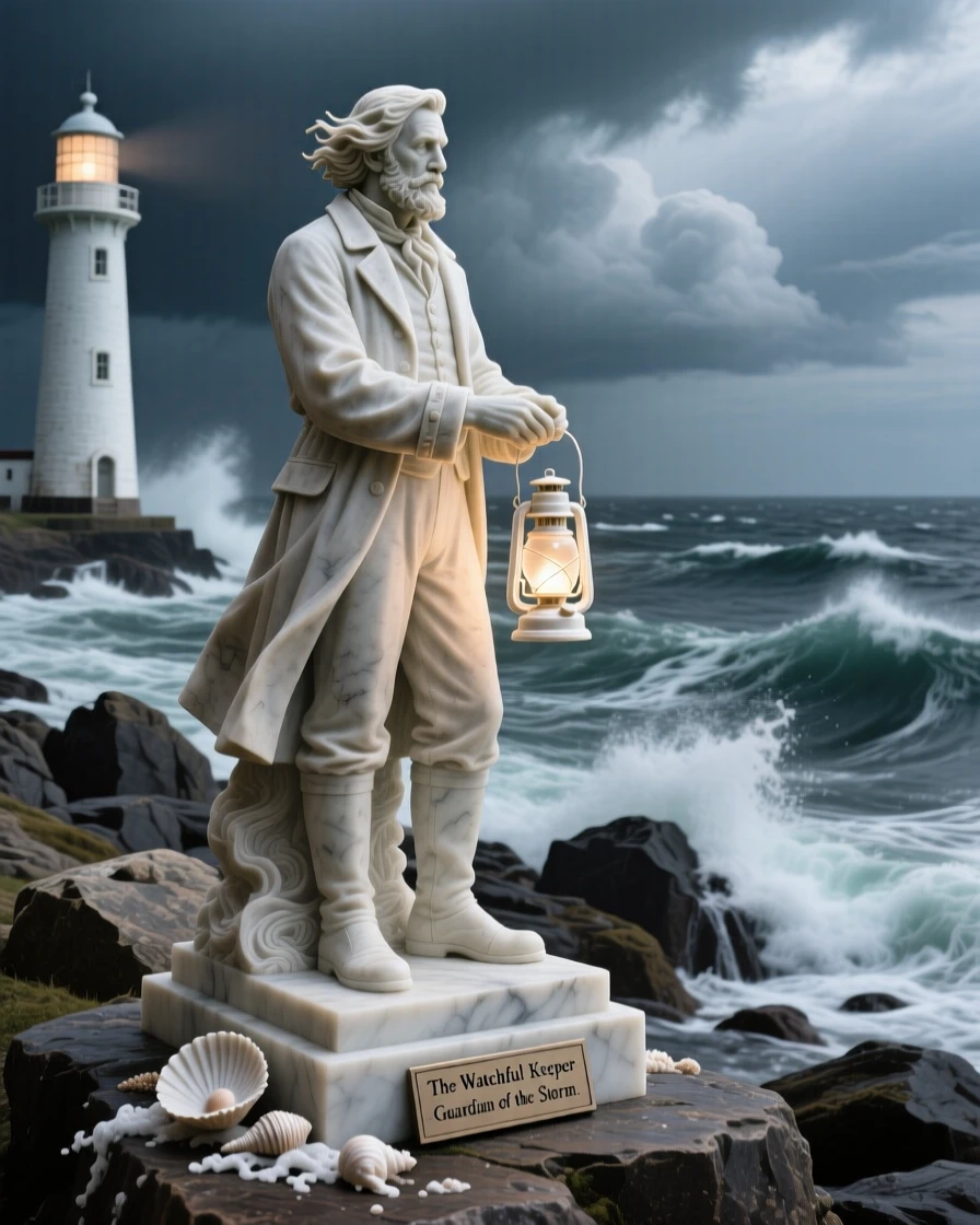 A beautifully composed image of a lighthouse keeper watching over a stormy sea, in a moment of quiet stillness, full of atmosphere and visual storytelling