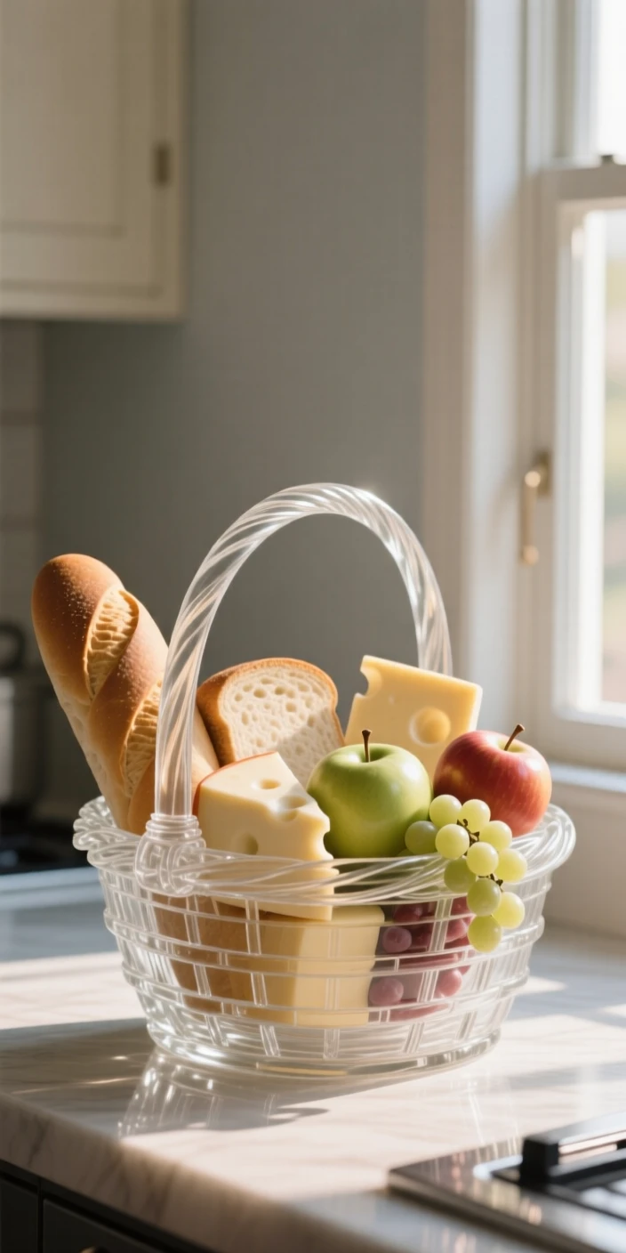 A picnic basket filled with bread, cheese, and fresh fruit beside a sunlit kitchen window, while a warm breeze drifts through a nearby open window