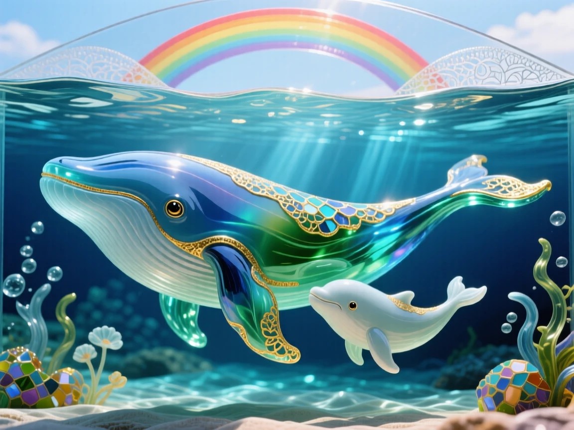 A mother whale and calf swimming together beneath a rainbow-lit ocean surface at midday, tender and awe-inspiring.