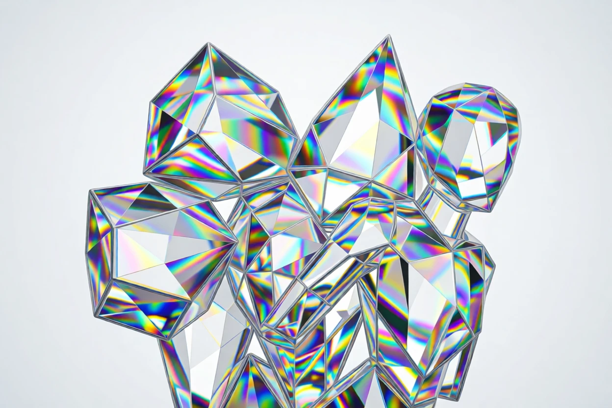 An abstract composition of interlocking prisms refracting a rainbow across dark space.