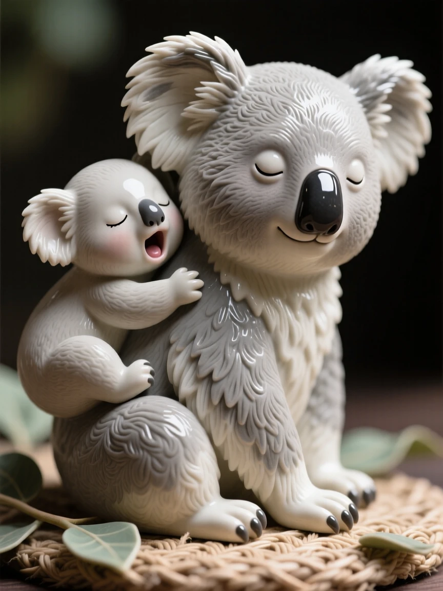 A sleepy baby koala clinging to its mother's back captured mid-yawn in a sleepy, sweet moment, surrounded by soft, cozy textures, evoking pure, heartwarming sweetness.