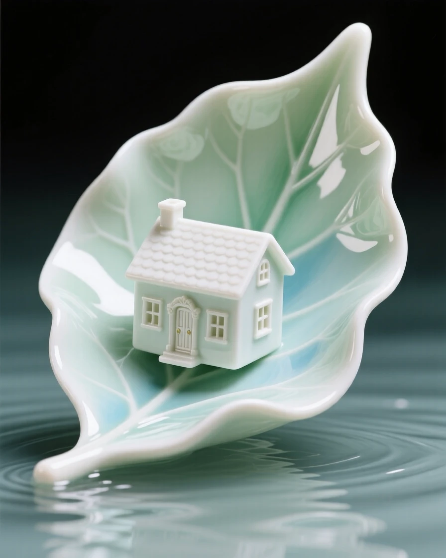 A surreal composition where a single leaf carries a tiny house downstream, rendered with quiet, elegant restraint.