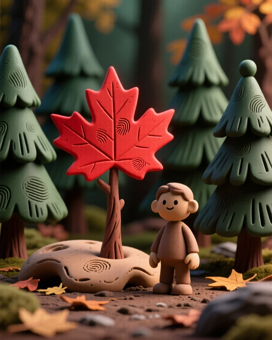 An autumn forest with a single red maple tree glowing among evergreens