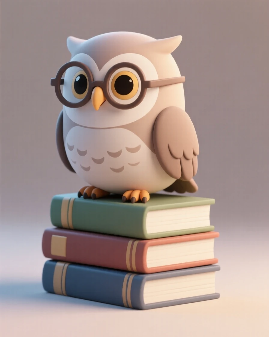 A gentle old owl perches wisely atop a stack of schoolbooks, spectacles resting on its curved beak.